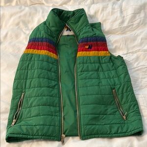 Mens Green Quilted Puffer Vest with Rainbow Stripe. Barely worn flawless
